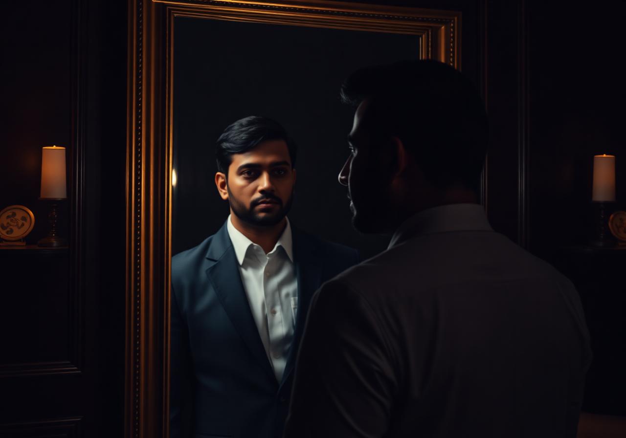 Professional looking in the mirror